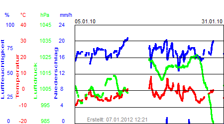 Grafik der Wettermesswerte vom Januar 2010