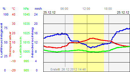 Grafik der Wettermesswerte vom 25. Dezember 2012