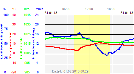 Grafik der Wettermesswerte vom 31. Januar 2013