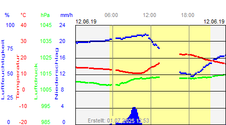 Grafik der Wettermesswerte vom 12. Juni 2019