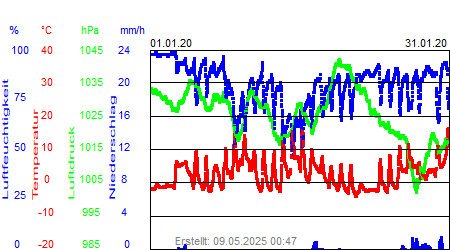 Grafik der Wettermesswerte vom Januar 2020