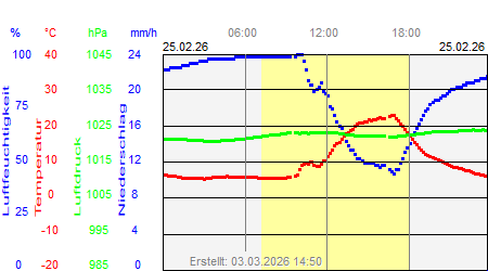 Grafik der Wettermesswerte vom 25. Februar 2026